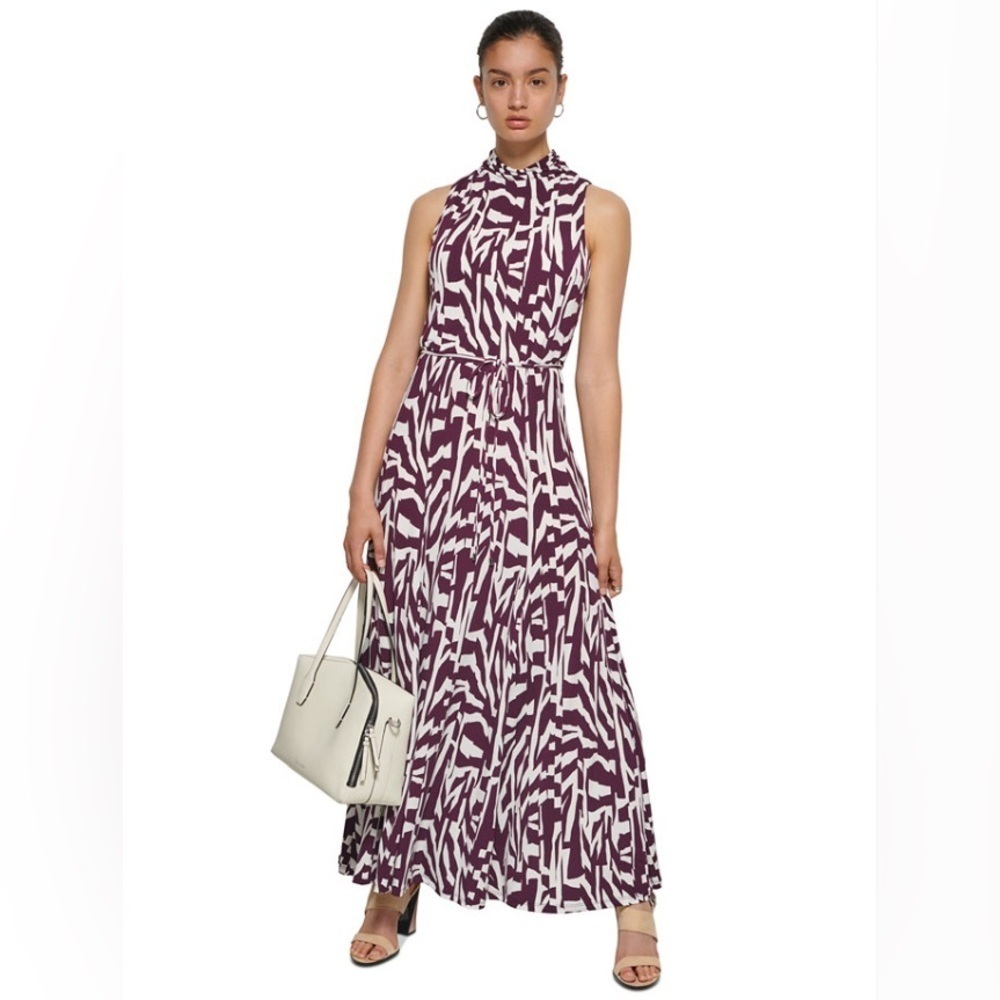 NWT Calvin Klein Eggplant and Cream Abstract Sleeveless Print Maxi Dress (XL) - Picture 1 of 12